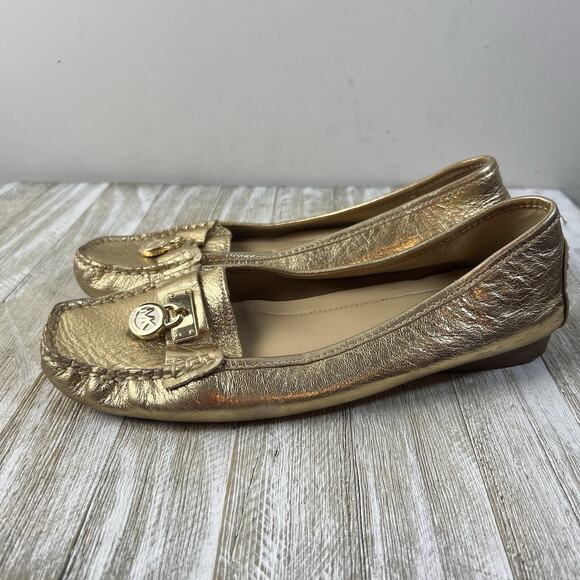 Michael Kors Shoes Hamilton Leather Loafer Gold MK Logo Padlock Sz 9 - Picture 1 of 11